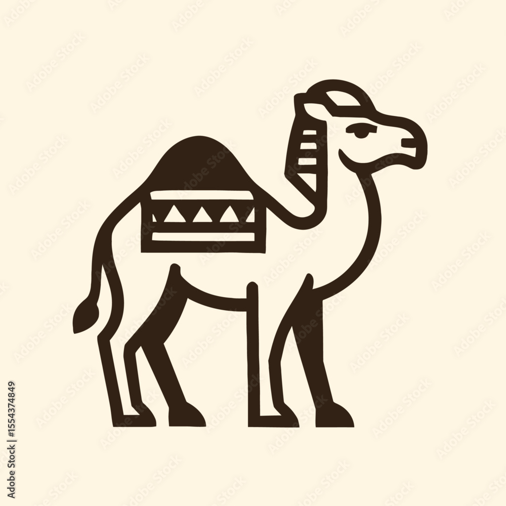Poster a camel icon is shown in profile with a simple line art style including a saddle blanket and stylize
