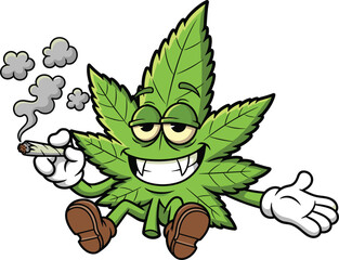 Funny cannabis leaf character smoking joint, relaxed happy expression, marijuana cartoon mascot, isolated vector illustration for weed, hemp, stoner artwork