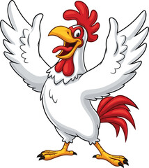 Funny cartoon rooster with red comb, open wings, happy face, farm animal character, isolated on white background vector illustration