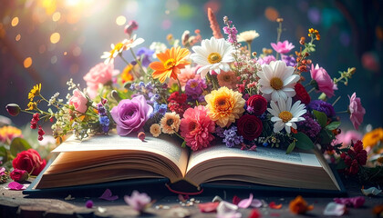 Colorful bouquet of flowers resting on an open book, illuminating the beauty of literature