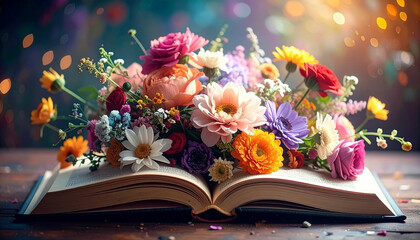 Colorful bouquet of flowers resting on an open book, illuminating the beauty of literature
