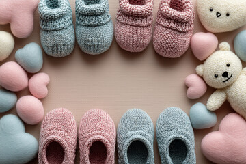 Flat lay of pink and blue baby items loosely arranged around an empty space in the center for text. Gender reveal party
