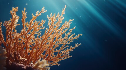 Underwater scene with orange coral illuminated by sunbeams.