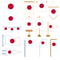 Japanese flag in various styles such as triangular flag, rectangular flag, table flag, hanging flag, flagpole