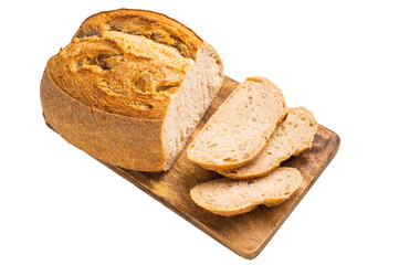 Handcrafted sliced tartin bread isolated on white background. Top view