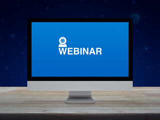 Webinar flat icon on desktop modern computer monitor screen on wooden table over fantasy night sky and moon, Business seminar online concept