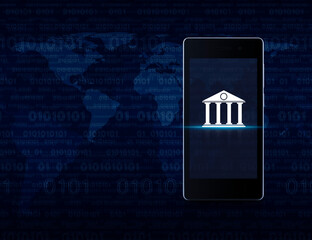 Bank flat icon on modern smart mobile phone screen over computer binary code blue background, Mobile banking concept, Elements of this image furnished by NASA