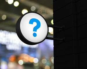 Question mark sign icon on hanging black rounded signboard over blur light and shadow of shopping mall, Business customer service and support concept, 3D rendering