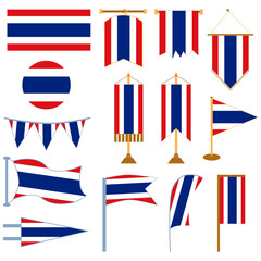 Thai flag in various luxurious and beautiful styles such as triangular flag, rectangular flag, table flag, hanging flag, flagpole