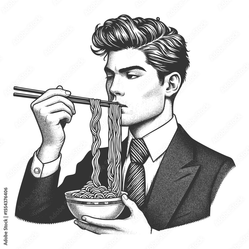 Poster man in formal victorian attire using chopsticks to eat a bowl of noodles sketch engraving generative
