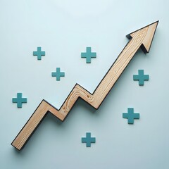 Wooden Arrow Upward with Medical Plus Signs on Light Background
