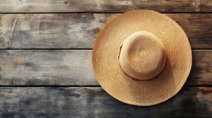 A wide-brimmed straw hat sits on a rustic wooden surface, bathed in sunlight.