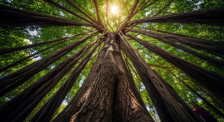 A towering tree trunk stretches upward, its branches reaching towards the sunlight filtering through the canopy.