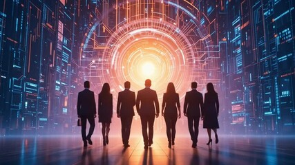 Group of businessmen walking towards digital background. Illustration of tech startup growth, AI, tech innovation. Teamwork, data code, future development. 4k video - Powered by Adobe