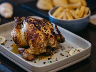 Roasted chicken in a plate with french fries