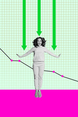 Banner 3d poster image photo collage of inexperienced businesswoman businessman stand arrow decline...