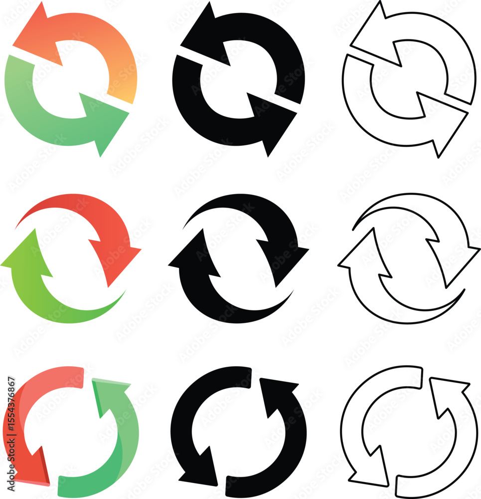 Poster collection of vector-based circular arrows in various styles and color combinations for design needs