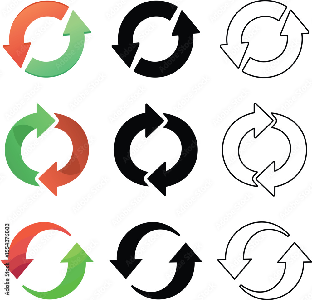 Poster diverse collection of circular arrows icons in various colors and styles for user interface designs