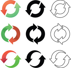Diverse collection of circular arrows icons in various colors and styles for user interface designs