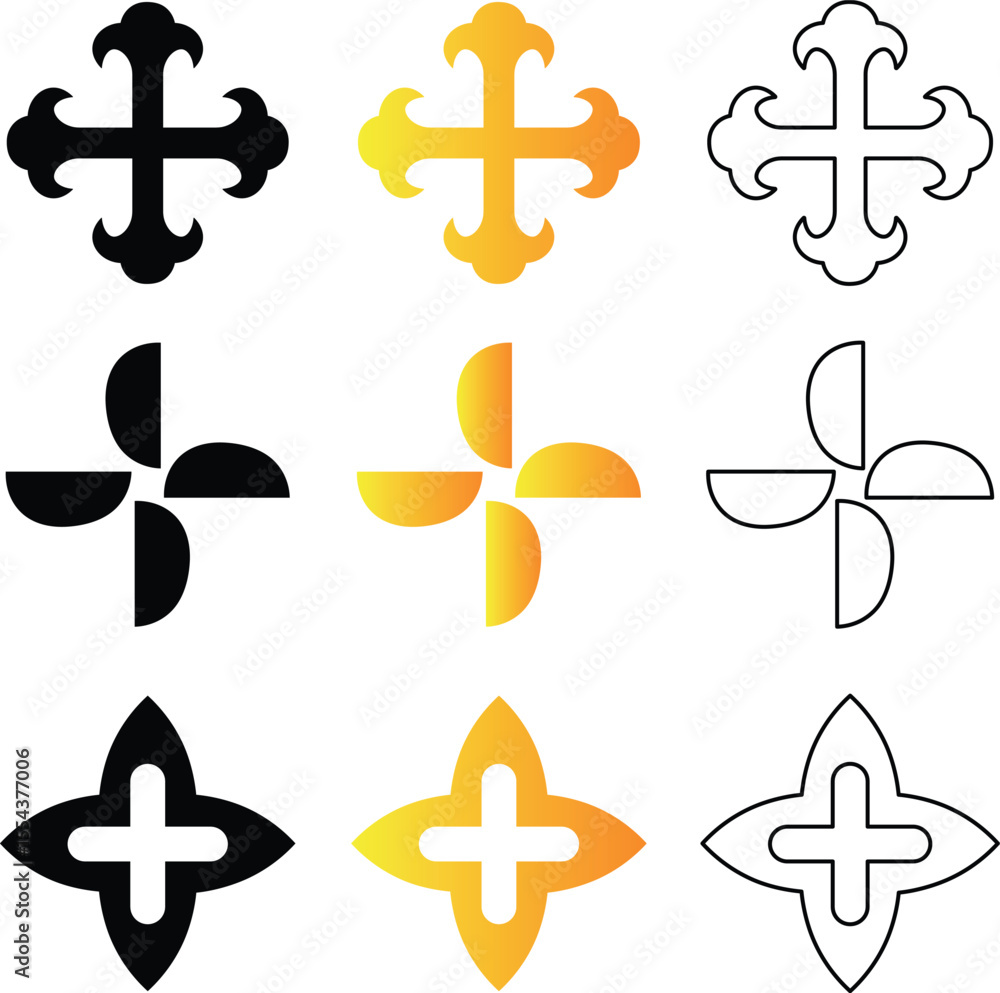 Poster various abstract and stylized crosses in different colors and line art on white background