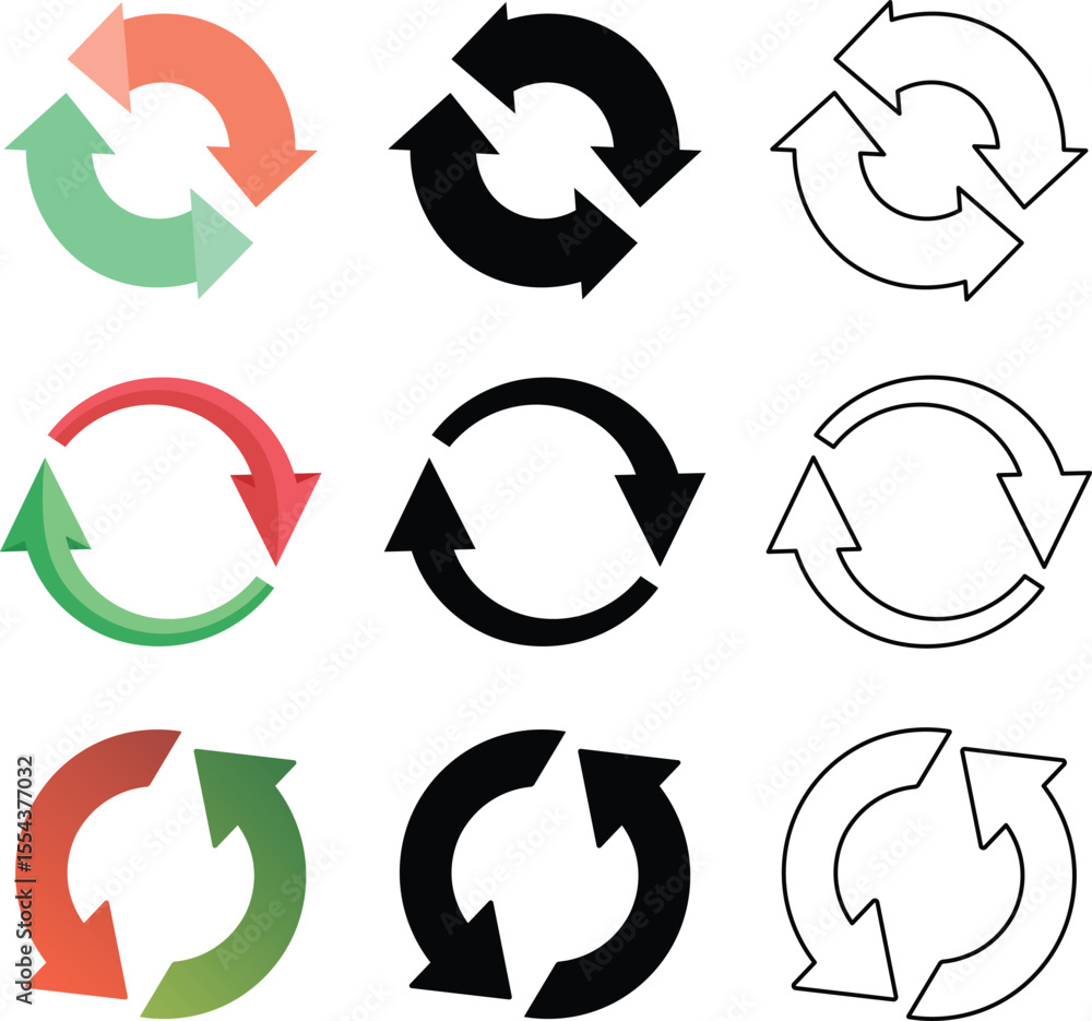 Poster various styles of circular arrows symbolizing recycling repeating or updating concepts in graphics