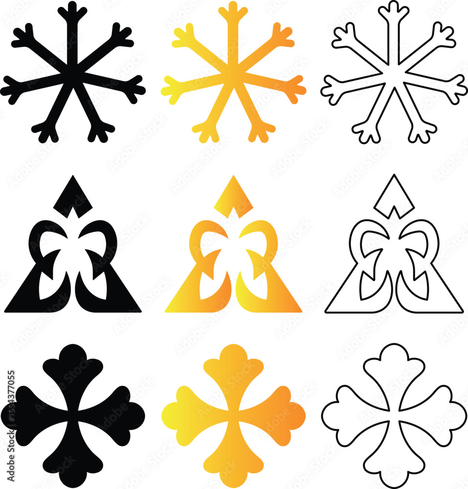 Poster vector graphic of diverse ornamental snowflake and abstract design elements in various color schemes