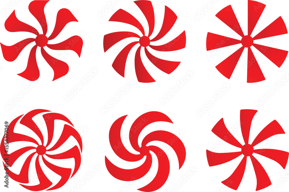 Poster a collection of six red and white circular swirl design elements isolated on white background