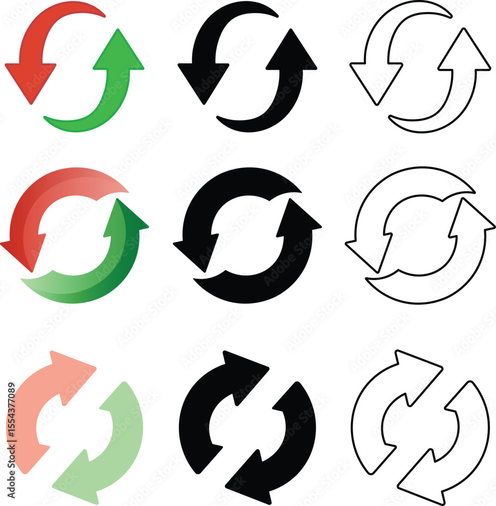 Poster collection of colorful and monochrome circular arrows illustrating refresh update and reload concept