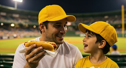 Father and Son Enjoying Hot Dogs at Baseball Stadium Family Fun Day