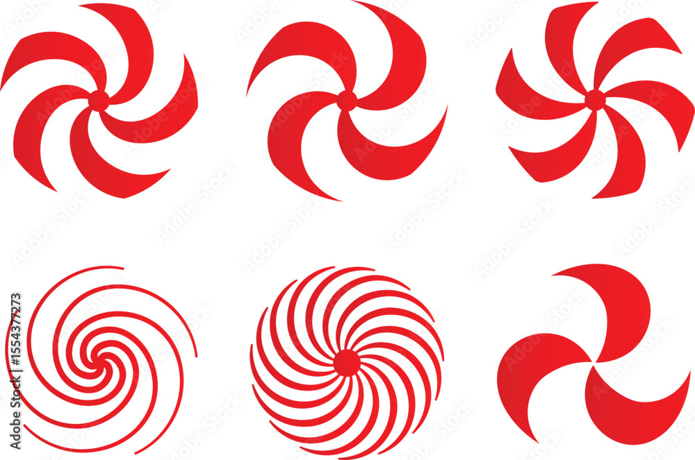 Poster collection of red swirl and spiral vector graphics with different shapes and designs on white backgr