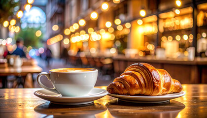 Freshly baked croissant and steaming cup of coffee sitting on a wooden table
