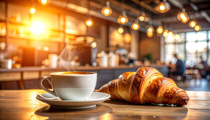 Steaming cup of coffee and croissant resting on table in cafe at sunrise