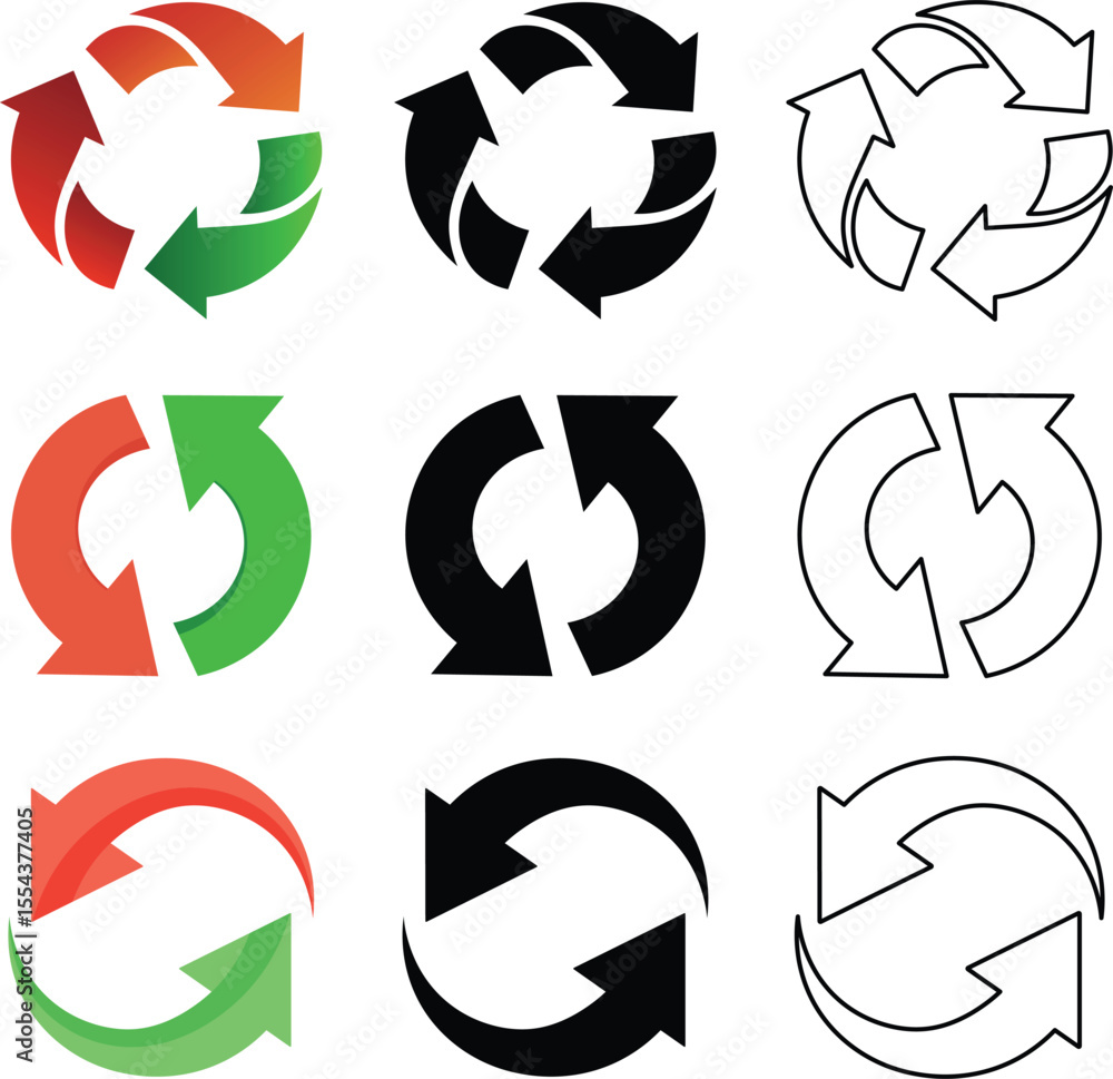 Poster collection of various recycle arrow icons in multiple styles and color variations for design project