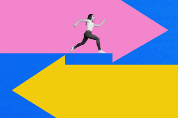 Banner creative pop art collage of happy businesswoman run arrow development progress up statistics...
