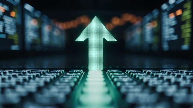 Glowing arrows pointing upward over digital binary code and data streams, symbolizing growth and progress in technology, finance, and dynamic digital innovation