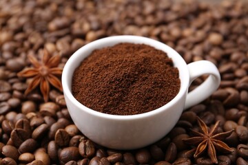 Cup with instant coffee powder and star anise on beans, closeup