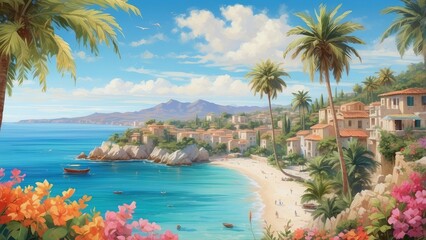 Aerial view of a tropical beach with golden sand, surrounded by lush green palm trees