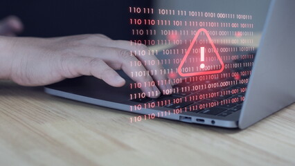 digital screen displays red error code and warning symbols, representing system failure, hacking attempts, and software corruption. This concept is ideal for cybersecurity, IT errors