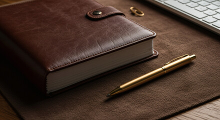 Luxurious Brown Leather Notebook Gold Pen Desk Workspace Office Supplies Close up Detail