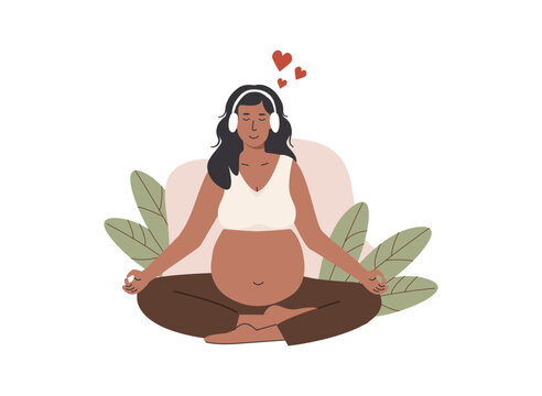 Pregnant woman meditating in lotus position while listening to music with headphones. Practicing hypnobirthing for calm and mindful childbirth. Flat Vector Illustration isolated on white background.