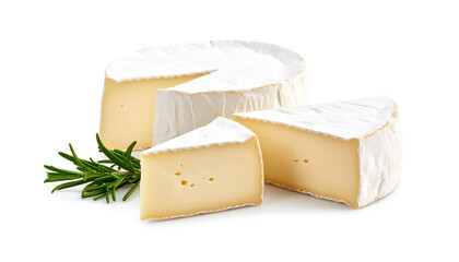 Sliced Camembert cheese wheel decorated with rosemary and peppercorns
