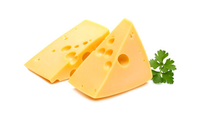 Two triangular pieces of cheese with holes and parsley on transparent background