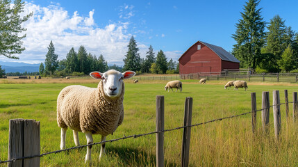 Sheep grazing on green pasture near red barn under blue sky