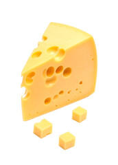 Triangular piece of cheese with cubes falling on transparent background