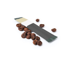 Stick of instant coffee and beans isolated on white