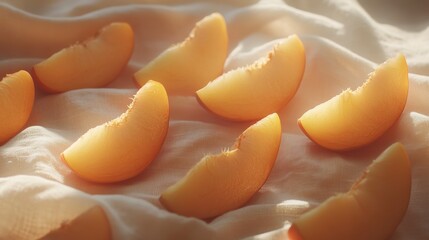 Sliced peaches on light fabric in sunlight.
