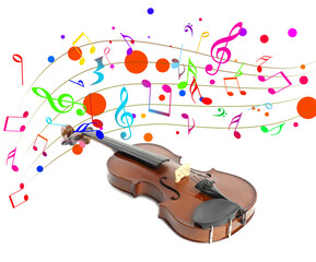 Classic violin and colorful music notes on white background