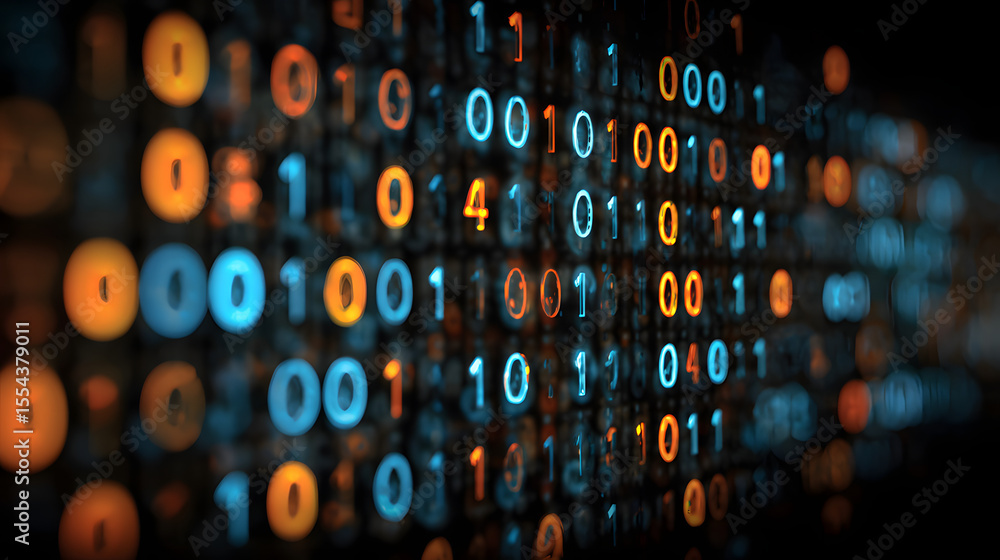 Aufkleber blurred binary numbers with a blue and orange glow, representing data processing, digital technology