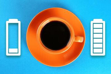 Cup of coffee and battery indicators on blue background, top view. Restoring energy with caffeine