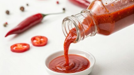 Spicy sauce being poured into a small bowl with fresh chilies nearby.